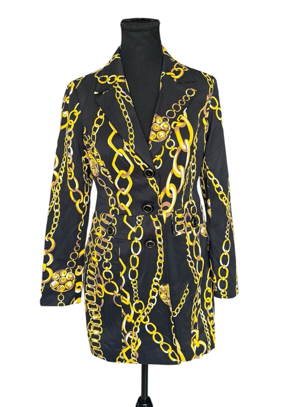 Harold’s Chain Print Blazer Jacket XS Gold Black Designer Career Chic Statement
